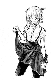 a black and white drawing of a girl in a dress and suspenders .