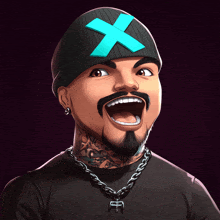 a cartoon drawing of a man wearing a beanie with a blue x on it