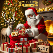 santa claus is sitting in front of a fireplace and a christmas tree with a slot box in front of him