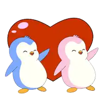 a couple of penguins standing next to each other in front of a heart