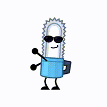 a cartoon drawing of a chainsaw wearing sunglasses and holding a cup .
