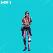 a girl in a fortnite outfit is standing on a blue background