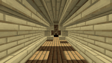 a very long hallway with brick walls and a wood floor