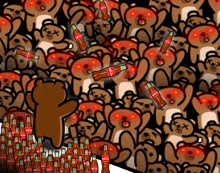 a bear is surrounded by coca cola bottles that are flying in the air