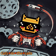 an illustration of a cat in space with the words " cats in the sats " below