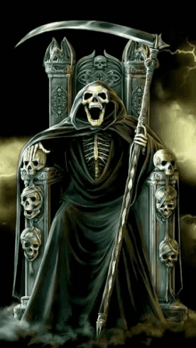 grim reaper sitting on a throne with a scythe and skulls