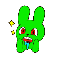 a green bunny with red eyes and a blue tongue sticking out .