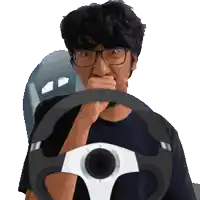 a man with glasses holds a steering wheel in front of his mouth