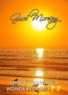 a good morning greeting card with a picture of a beach at sunset