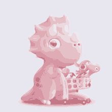 a pink cartoon dinosaur is pushing a shopping cart