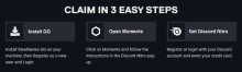 a claim in 3 easy steps page shows how to register or login with your discord account and enter your credit card
