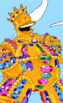 a cartoon of homer simpson wearing a crown and necklace of gems