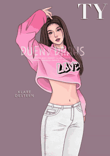 a drawing of a woman wearing a pink crop top and white jeans