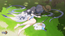 a girl in a white dress is laying in the grass with a squirrel and a palette