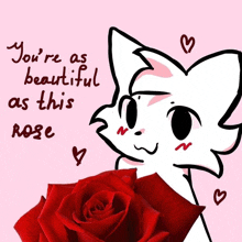 a drawing of a cat holding a red rose with the words " you 're as beautiful as this rose "