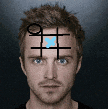 a close up of a man 's face with a drawing of a female symbol on his forehead