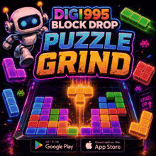 an advertisement for a puzzle game called digi995 block drop puzzle grind
