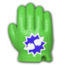 a green glove with a blue star on it is on a white background .