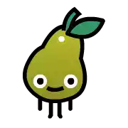 a cartoon drawing of a pear with white eyes and a green leaf