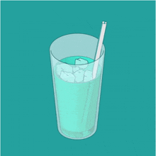 a glass of blue liquid with ice cubes and a white straw