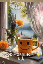 a cup of coffee with a smiley face on it is on a table next to a vase of flowers and a window .