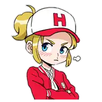 a cartoon girl wearing a red jacket and a white hat with the letter h on it