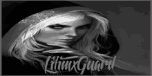 a black and white photo of a woman with a hood and the words lilium guard on the bottom