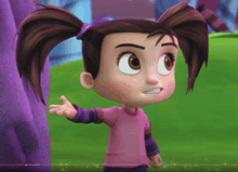 a little girl with pigtails and a pink shirt is standing in a field