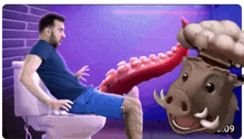 a man sitting on a toilet next to a cartoon pig with the number 09 on the bottom right