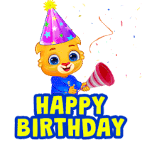 a cartoon bear wearing a party hat is holding a confetti cannon and the words happy birthday behind him