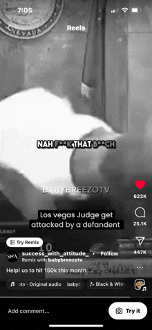 a screenshot of a video on a phone that says los vegas judge get attacked by a defiant