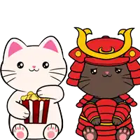 a white cat holding a popcorn bucket next to a brown cat in a samurai costume