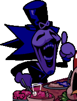 a cartoon character is giving a thumbs up while eating food