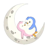 two penguins are sitting on the crescent moon