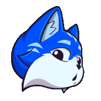 a cartoon drawing of a blue and white fox with a lightning bolt on its ear