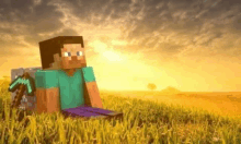 a minecraft character is sitting in a field with a backpack and a sword .