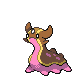 a pixel art drawing of a slug with a pink and brown body and a brown head .