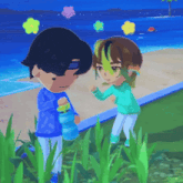 a couple of cartoon characters standing next to each other with flowers in the background