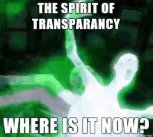 a green background with the words " the spirit of transparency where is it now " on it