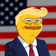 a cartoon drawing of donald trump with an american flag in the background