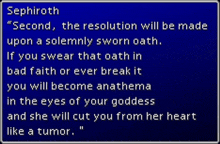 a blue screen with a quote from sephiroth