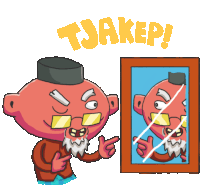 a cartoon drawing of a man pointing at his reflection in a mirror with the words tjakep written above him