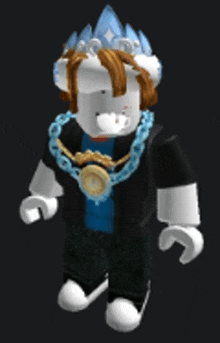 a roblox character with a crown on his head and a chain around his neck .