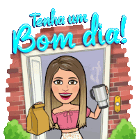 a cartoon of a woman holding a coffee mug and a bag with the words tenha um bom dia written above her