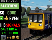 a yellow and blue train is on the tracks next to a sign that says " so good "