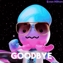 an octopus wearing sunglasses says goodbye on a black background