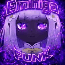 a black anime girl with white hair and purple eyes is on a purple background with a purple background .