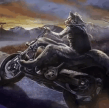 a wolf is riding a motorcycle down a road .