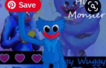 a blue monster is standing in front of a picture of a person .