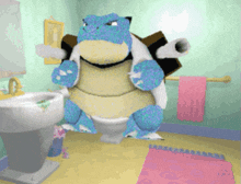 a cartoon turtle is sitting on a toilet with a roll of toilet paper on its back